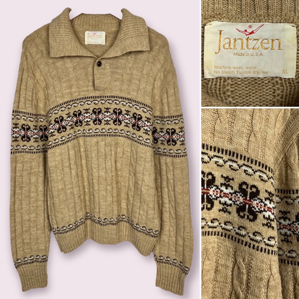 Vintage 70s Jantzen Cable Knit Polo Sweater Mens XL Collared Fair Isle Stripe